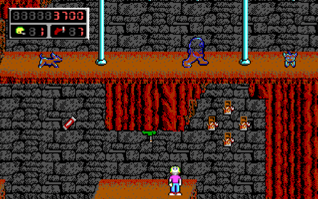 Keen looks up at shikadi and shockshund in a pyramid level